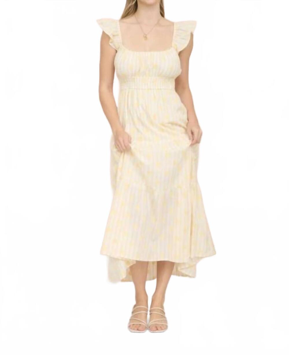 NEW MINE AND E&M stripe floral flounce strap tiered midi dress in yellow